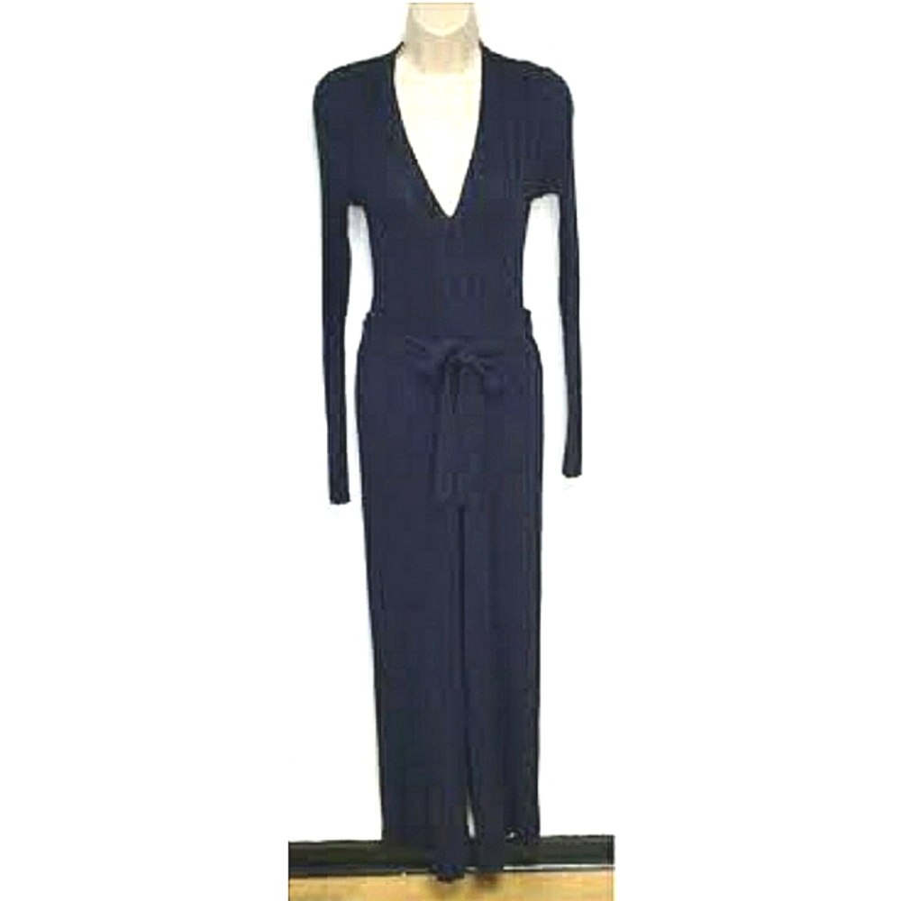 RACHEL ZOE V NECKLINE RIBBED TEXTURED NAVY BLUE BELTED JUMPSUIT NWT